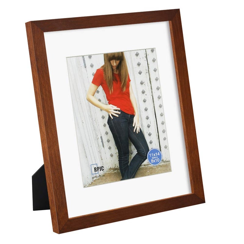 RPJC 11x14 inch Picture Frame Made of Solid Wood and High Definition Glass Display Pictures 8x10 with Mat or 11x14 Without Mat for Table Top Display and Wall Mounting Photo Frame with Stand Brown - Image 1
